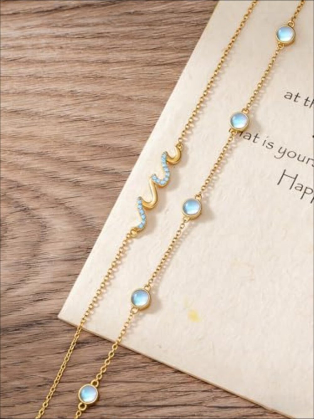925 Sterling Silver Wave Anklet with Moonstone, Ocean Jewelry - Picture 4 of 7